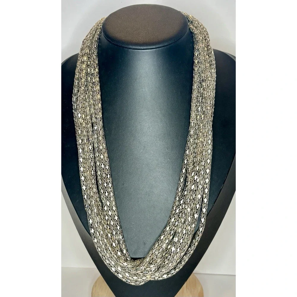 NY & Co Y2K Silver Tone Multi Strand Faceted Chain Statement Necklace 25